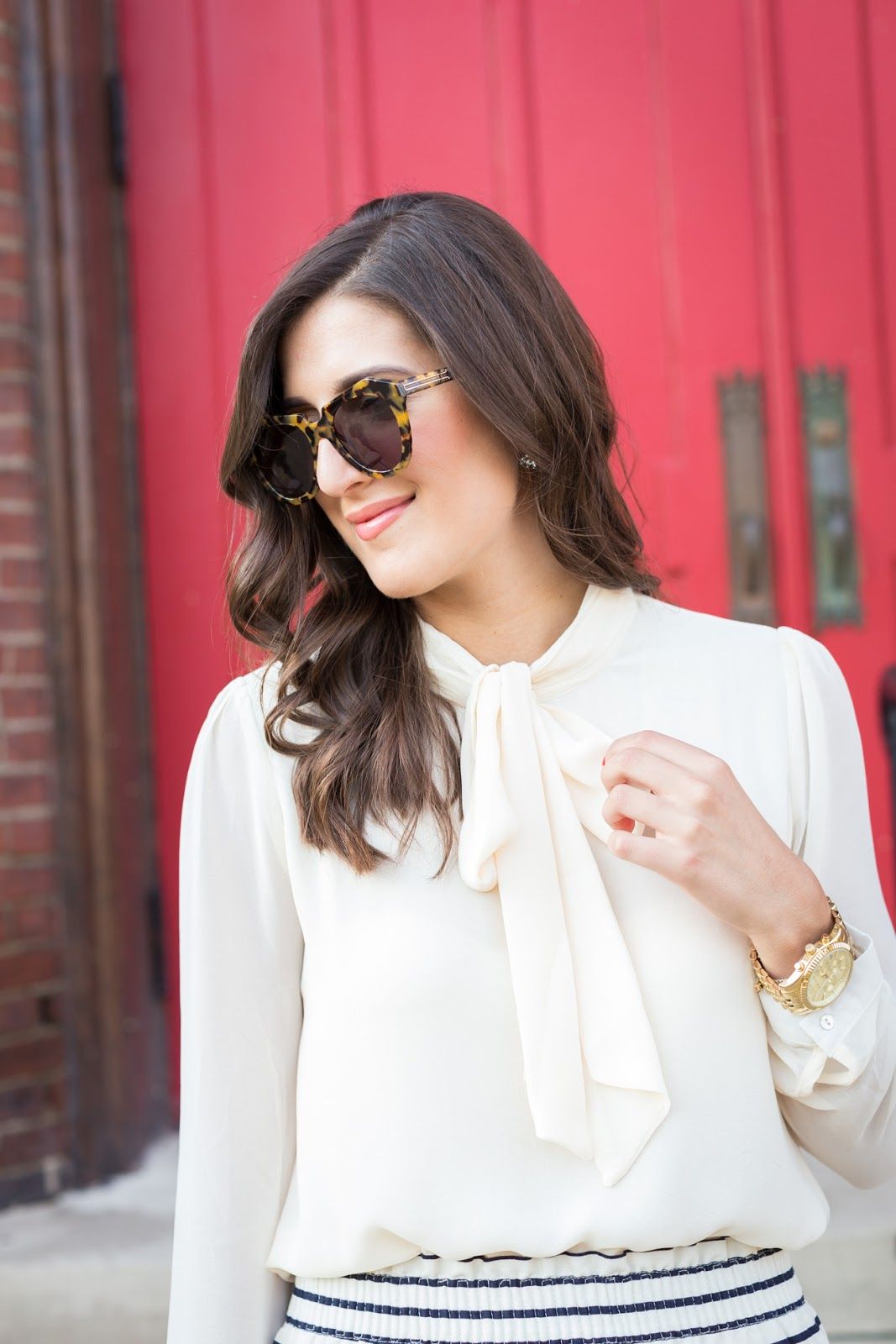 stripe skirt preppy work outfit ideas pattern mixing