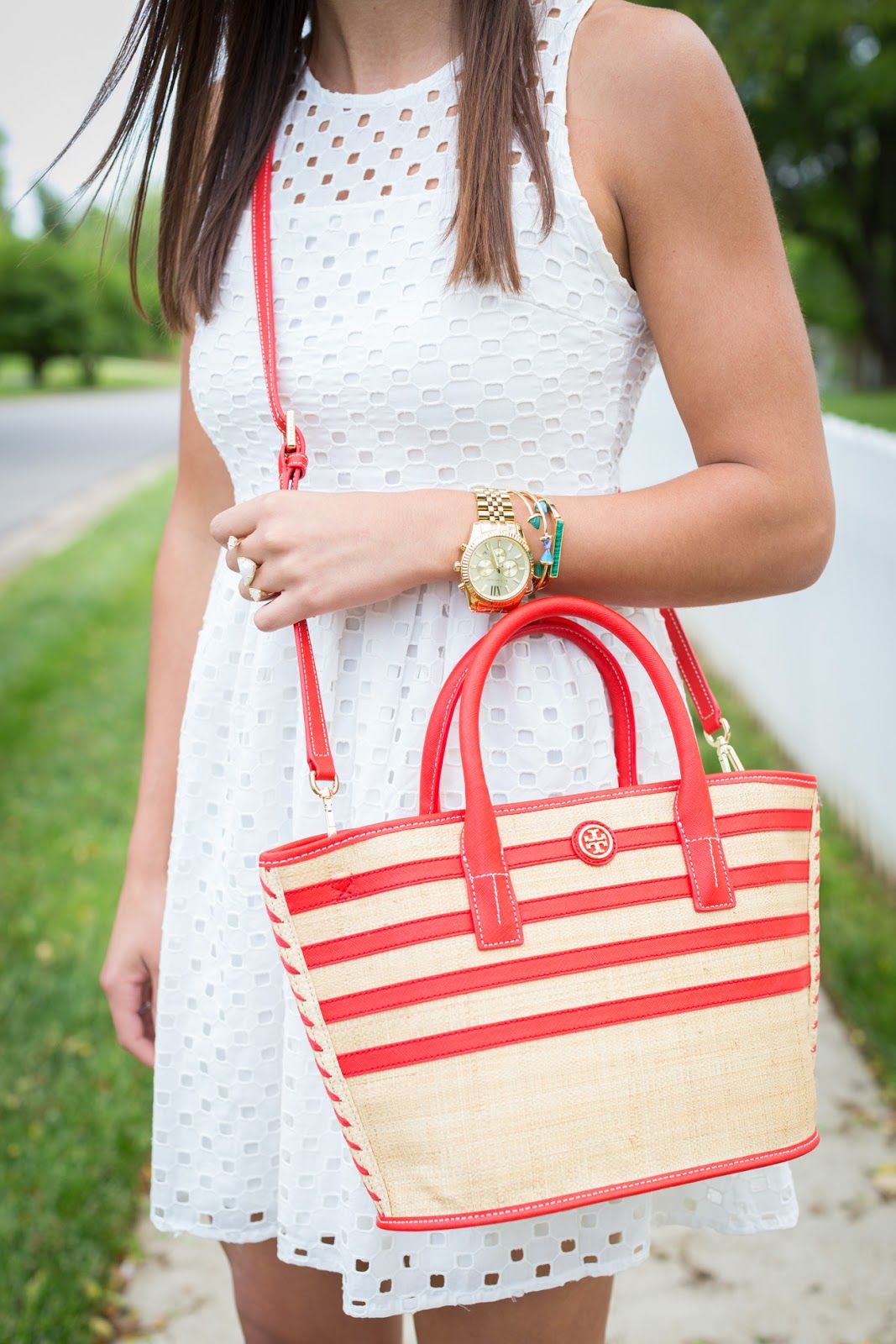 Tory Burch Stripe Mini Straw Tote and Eyelet Dress // A Southern Drawl