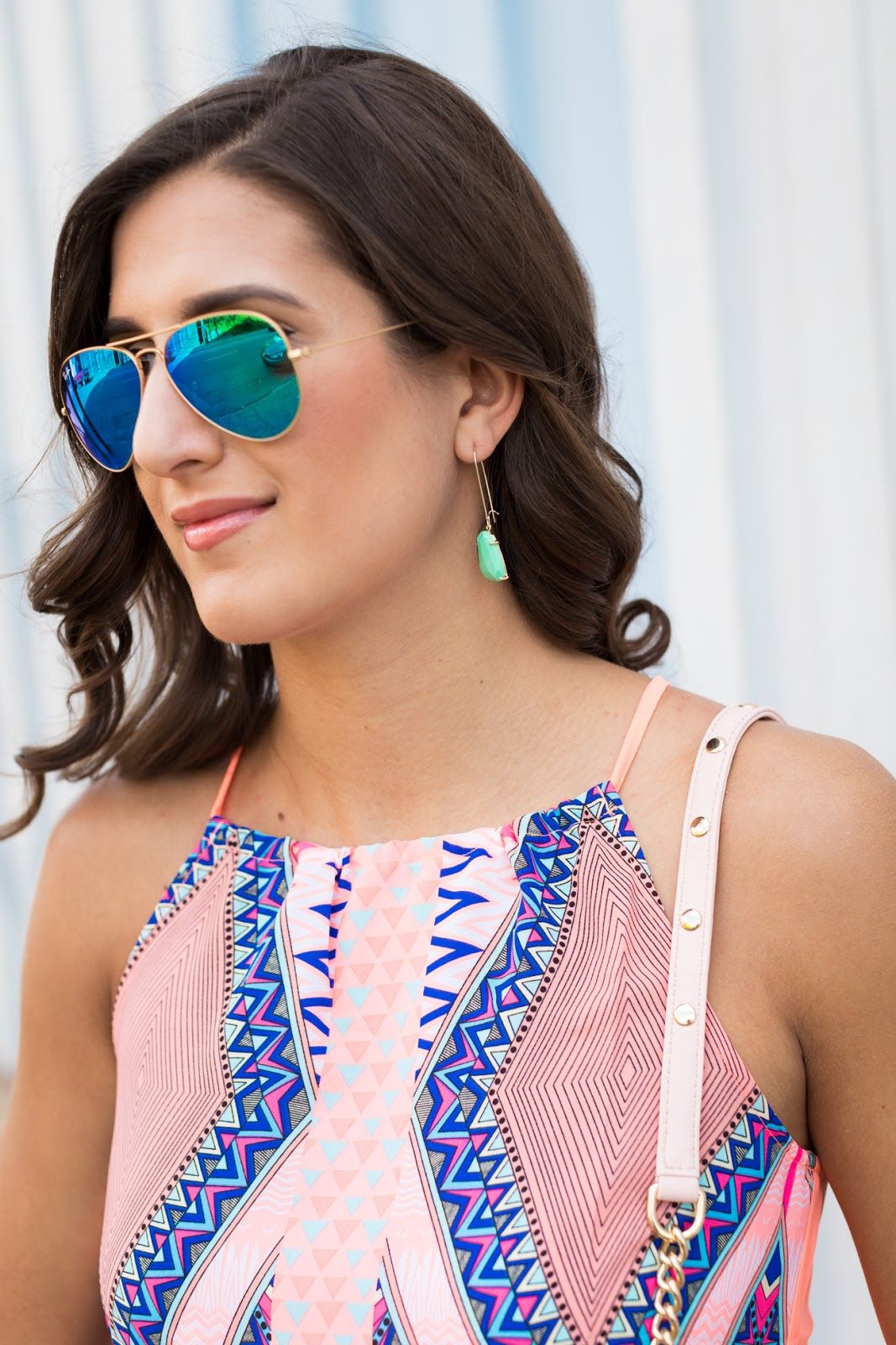 mint green earrings, tribal print top