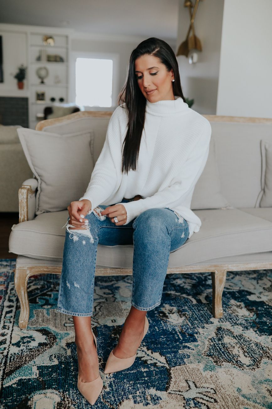 amazon knit sweater, amazon finds, amazon outfit, amazon fashion, amazon style, ivory turtleneck, white turtleneck sweater // a southern drawl grace white
