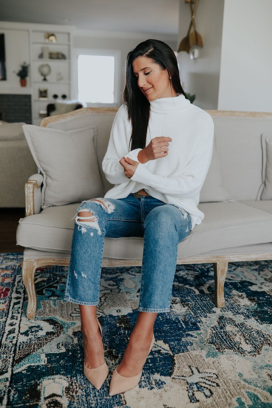 amazon knit sweater, amazon finds, amazon outfit, amazon fashion, amazon style, ivory turtleneck, white turtleneck sweater // a southern drawl grace white