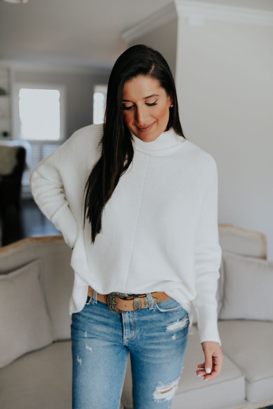 amazon knit sweater, amazon finds, amazon outfit, amazon fashion, amazon style, ivory turtleneck, white turtleneck sweater // a southern drawl grace white