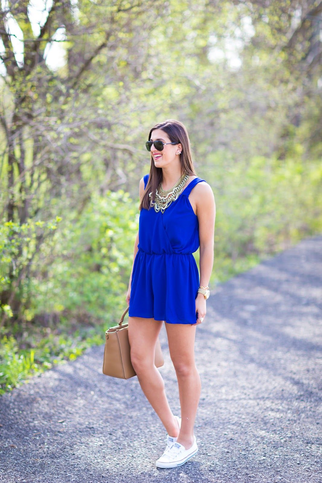 navy blue romper statement bib necklace