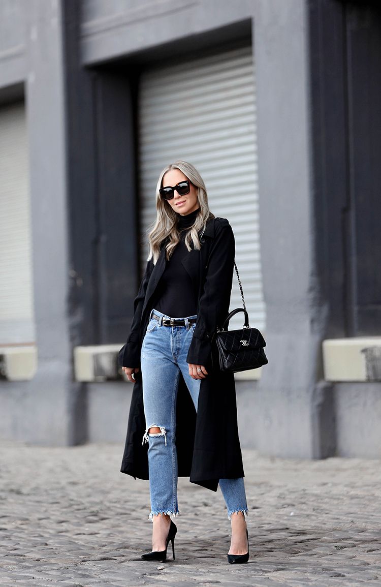 Fall Outfit Inspiration, Black Trench Coat, Levis Denim, Helena of Brooklyn Blonde