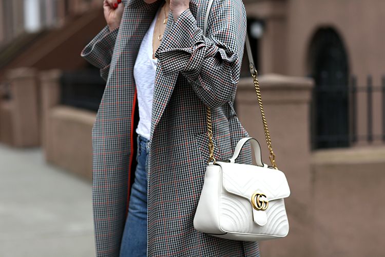Topshop Belted Check Trench Coat, Gucci White Bag, Helena of Brooklyn Blonde
