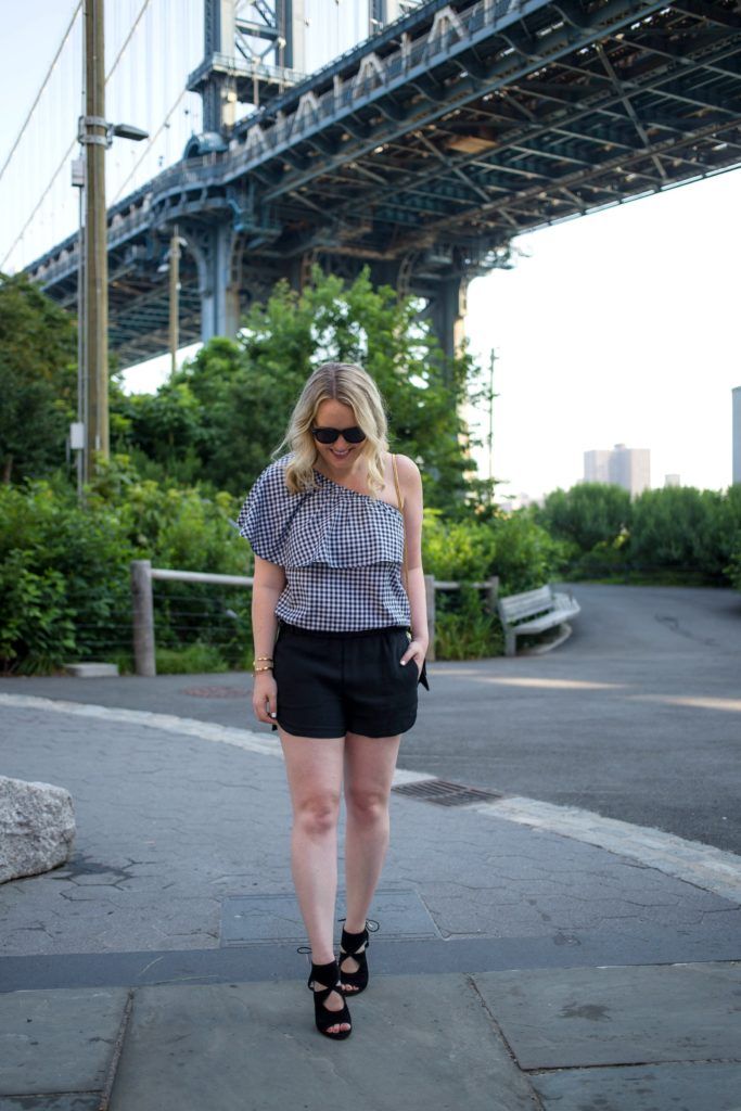 Gingham One Shoulder shirt on Meghan Donovan of wit & whimsy