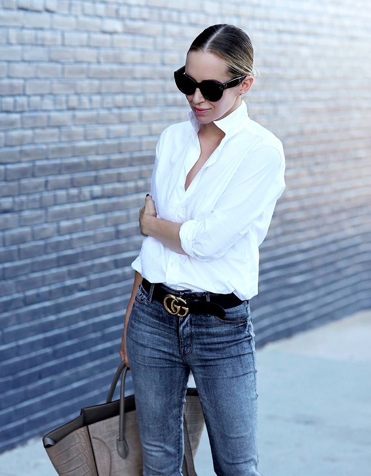 Frank & Eileen Barry Classic White Poplin Shirt & Gucci Belt | Helena of Brooklyn Blonde