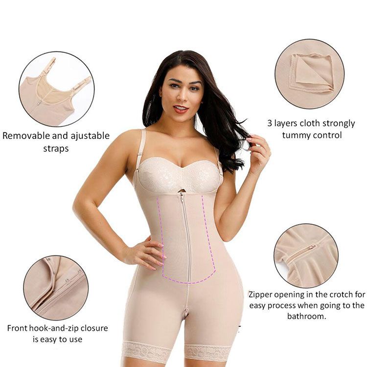Glam Skin Color Full Body Shaper Zipper Lace Trim Hooks Midsection Compression