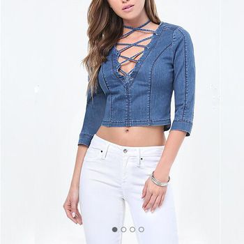 New Style Girls Fancy Lace Up Crop Top Sexy Ladies Jeans Top Design