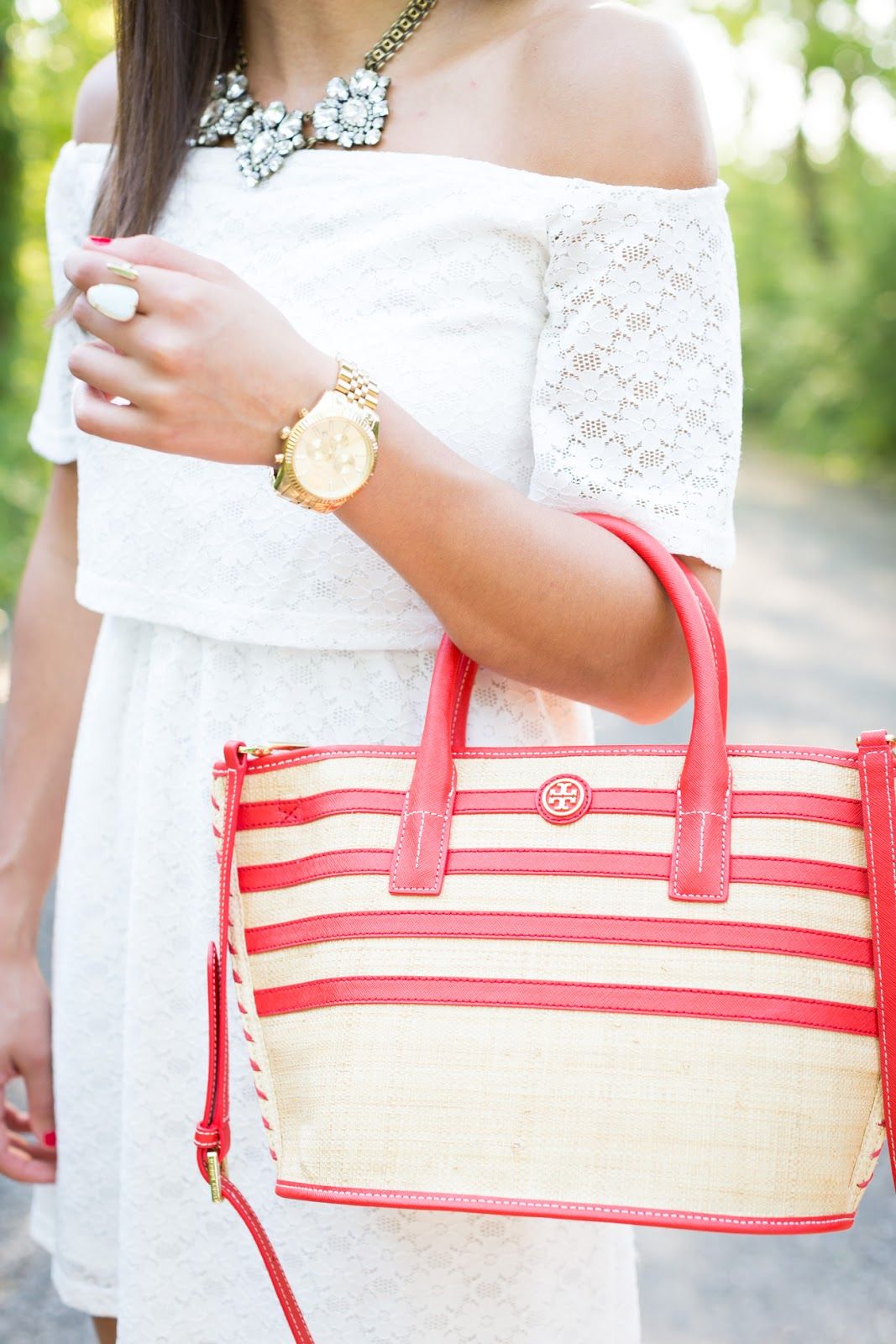 White Off Shoulder Dress and Tory Burch Stripe Straw Tote // A Southern Drawl