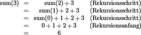 \begin{matrix} \operatorname{sum}(3) & = & \operatorname{sum}(2)+3     & \mbox{(Rekursionsschritt)} \\                       & = & \operatorname{sum}(1)+2+3   & \mbox{(Rekursionsschritt)} \\                       & = & \operatorname{sum}(0)+1+2+3 & \mbox{(Rekursionsschritt)} \\                       & = & 0+1+2+3                     & \mbox{(Rekursionsanfang)} \\                       & = & 6 \end{matrix}