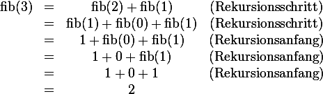 \begin{matrix} \operatorname{fib}(3) & = & \operatorname{fib}(2)+\operatorname{fib}(1)    & \mbox{(Rekursionsschritt)} \\                       & = & \operatorname{fib}(1)+\operatorname{fib}(0)+\operatorname{fib}(1)    & \mbox{(Rekursionsschritt)} \\                       & = & 1+\operatorname{fib}(0)+\operatorname{fib}(1) & \mbox{(Rekursionsanfang)} \\                       & = & 1+0+\operatorname{fib}(1)                     & \mbox{(Rekursionsanfang)} \\                       & = & 1+0+1                     & \mbox{(Rekursionsanfang)} \\                       & = & 2 \end{matrix}