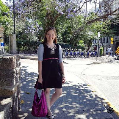 awayfromtheblue Instagram spring office outfit long sleeve tee with black LBD fit and flare sleeveless dress pink accessories