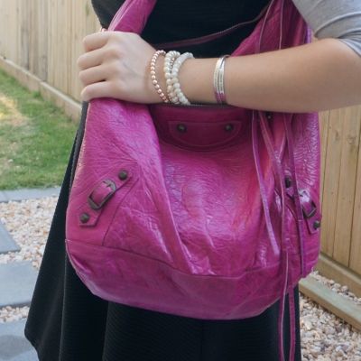 black fit and flare dress with Balenciaga Day bag in 2005 magenta | awayfromtheblue