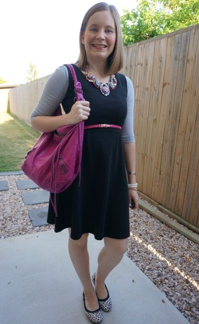 sleeveless fit and flare dress lbd with pink accessories and tee layered underneath | awayfromblue