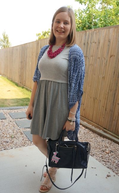 grey skater dress with studded sandals navy printed kimono regan bag and magenta statement necklace | away from blue
