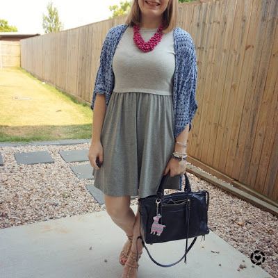 awayfromtheblue Instagram | grey skater dress and kimono with magenta statement necklace rebecca minkoff regan bag
