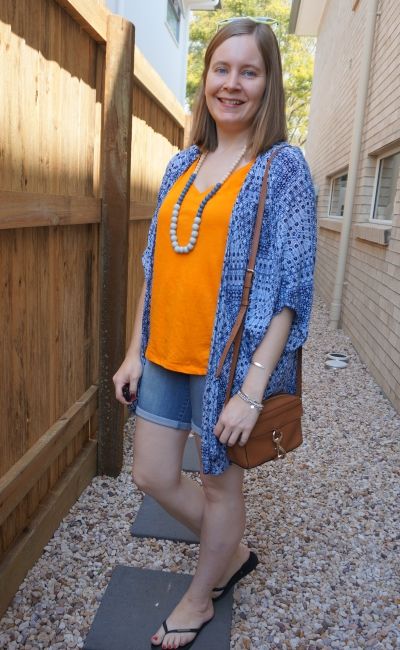navy printed kimono with bermuda denim shorts orange tee Rebecca Minkoff MAB camera bag | away from blue