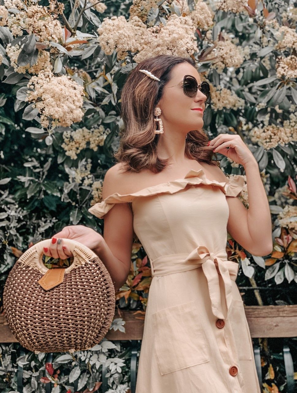 OUTFIT FROM ELEGANT DUCHESS BOUTIQUE Round Summer Beach Straw Bag | Off shoulder ruffle detail midi dress | TEXTURED GEOMETRIC EARRINGS | Pearl Hair Clip | MIU MIU SUNGLASSES | NEXT Plait Detail Espadrille Wedges