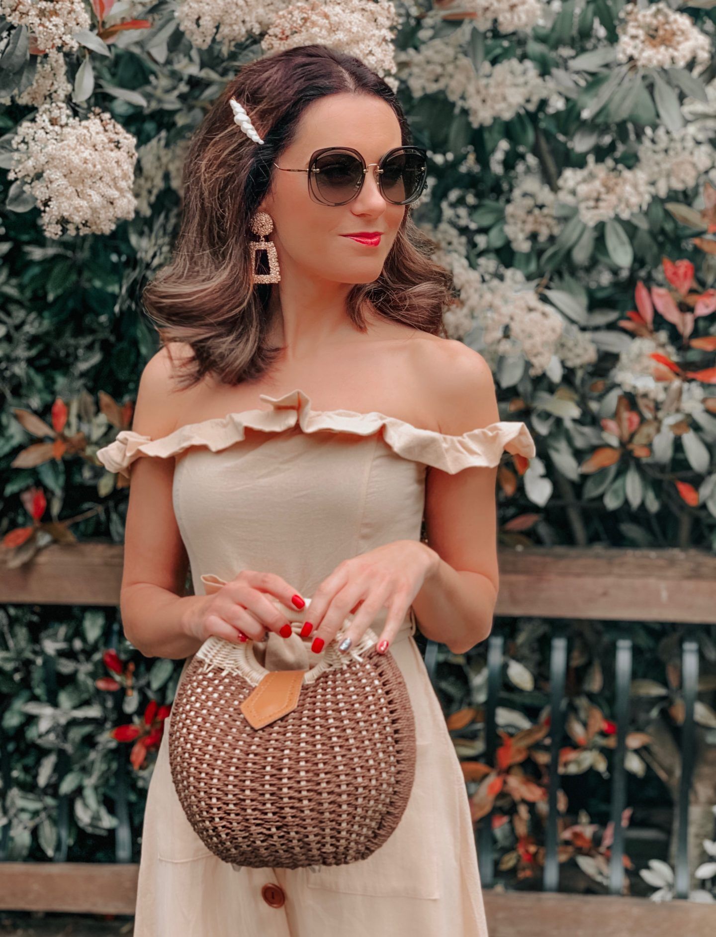 OUTFIT FROM ELEGANT DUCHESS BOUTIQUE Round Summer Beach Straw Bag | Off shoulder ruffle detail midi dress | TEXTURED GEOMETRIC EARRINGS | Pearl Hair Clip | MIU MIU SUNGLASSES | NEXT Plait Detail Espadrille Wedges