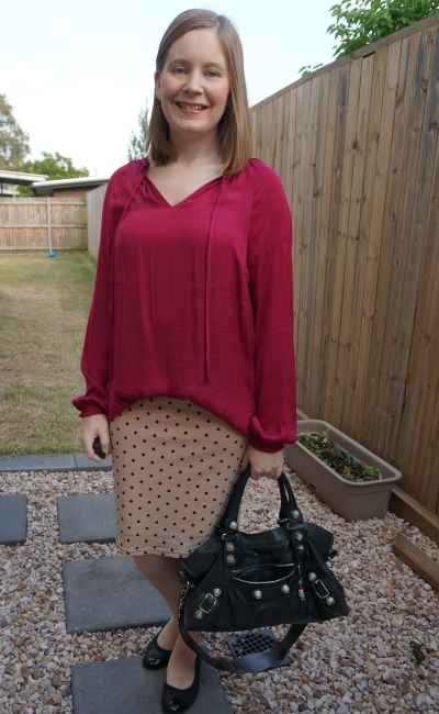 berry jeanswest frankie blouson sleeve blouse with blush pastel pink polka dot pencil skirt | awayfromblue