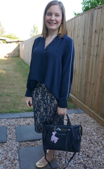 monochrome lace pencil skirt navy target blouse business casual office outfit gold accessories | away from blue