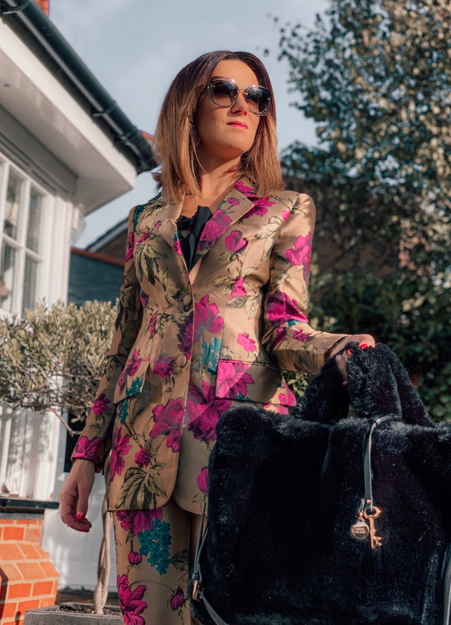 ASOS EDITION floral jacquard blazer | ASOS EDITION floral jacquard trouser | Ted Baker Mesh Insert Court Shoes | River Island oversized fur bag Miu Miu sunglasses