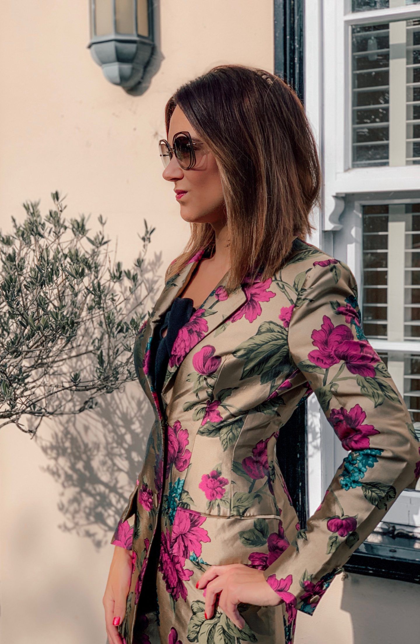 ASOS EDITION floral jacquard blazer | ASOS EDITION floral jacquard trouser | Ted Baker Mesh Insert Court Shoes | River Island oversized fur bag Miu Miu sunglasses