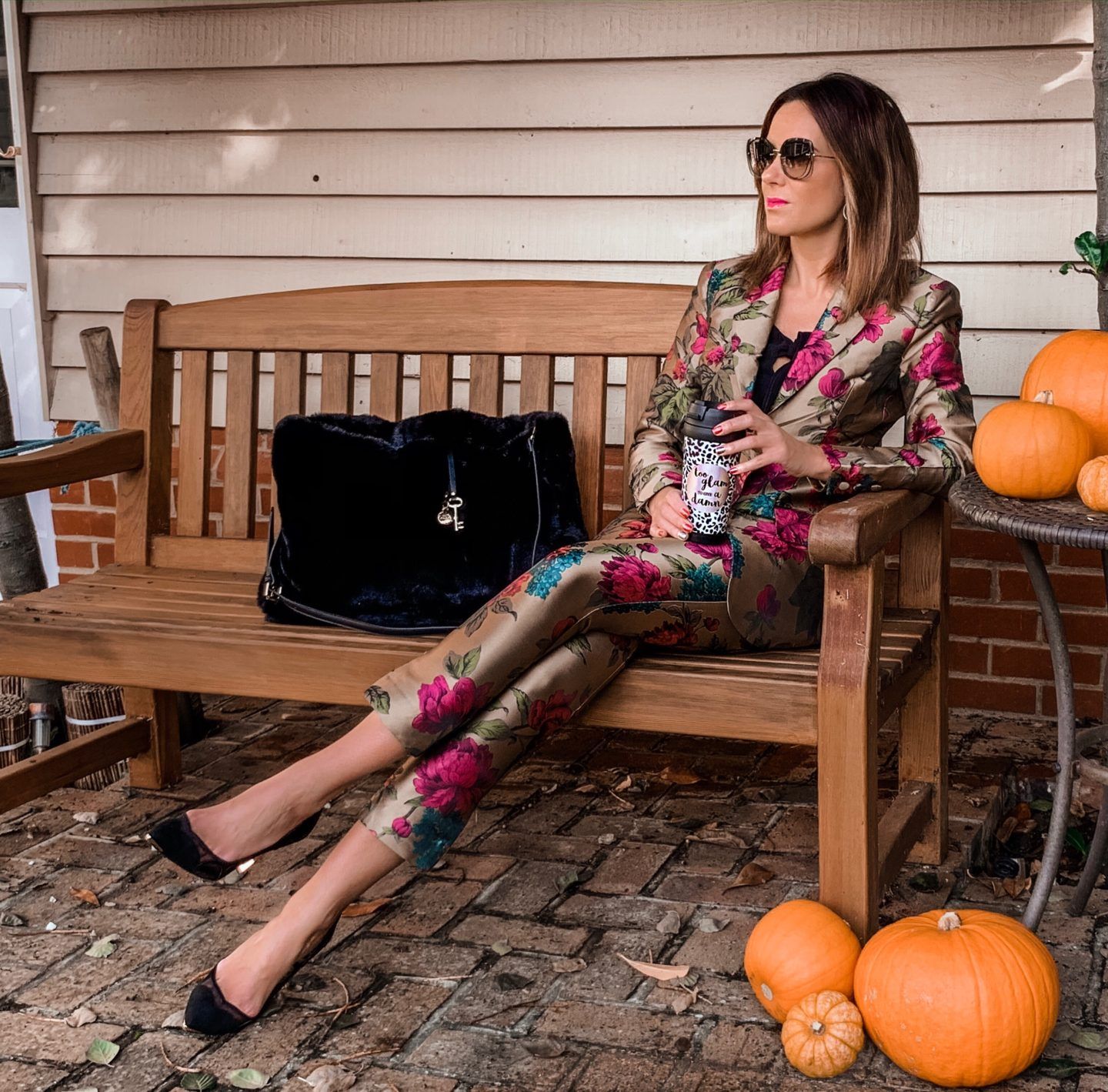 ASOS EDITION floral jacquard blazer | ASOS EDITION floral jacquard trouser | Ted Baker Mesh Insert Court Shoes | River Island oversized fur bag Miu Miu sunglasses