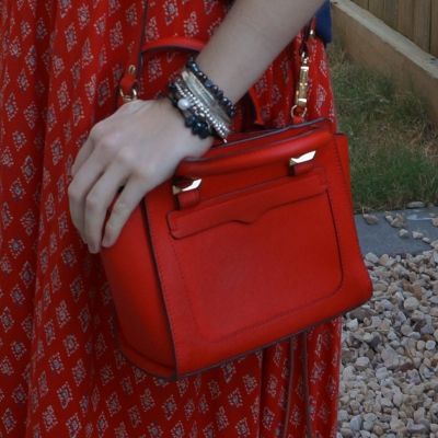 bracelet stack and printed maxi skirt with Rebecca Minkoff red micro Avery cross body bag | away from the blue