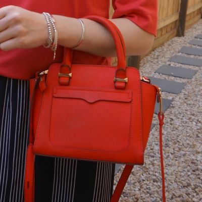 Rebecca Minkoff red micro Avery cross body bag with vertical stripe maxi skirt | awayfromtheblue