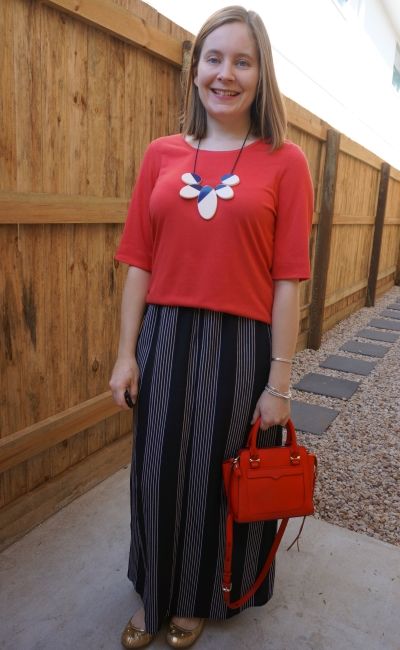 red slouchy tee with vertical stripe maxi skirt red rebecca minkoff micro avery bag
