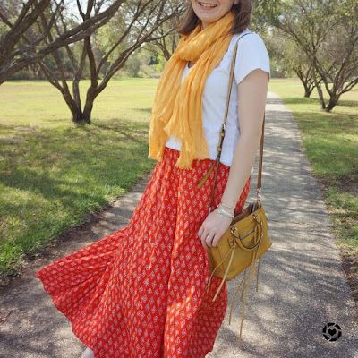 awayfromblue Instagram | spring scarf style red printed maxi skirt white tee cross body bag