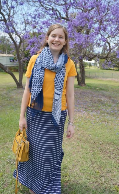 brisbane spring style jacaranda outfit mustard tee print mix scarf stripe maxi skirt | awayfromblue