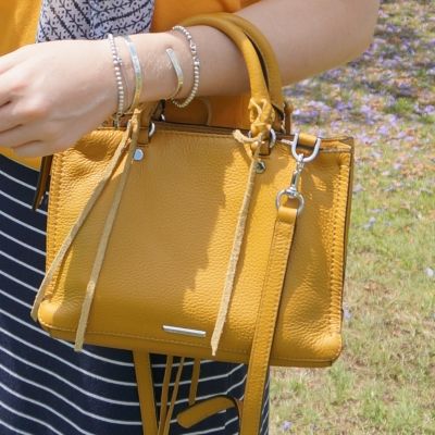 navy skirt with Rebecca Minkoff micro Regan satchel in Harvest Gold | awayfromtheblue