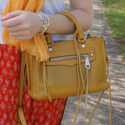 mustard scarf and red skirt with Rebecca Minkoff micro Regan satchel in Harvest Gold | awayfromtheblue