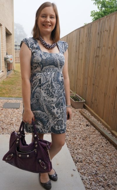 french connection blue Paisley print sheath dress with purple balenciaga work bag | away from blue