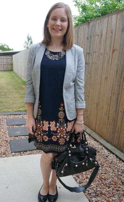 grey jersey blazer with Shein navy flower print flowy swing dress for spring office outfit Balenciaga part time | awayfromblue