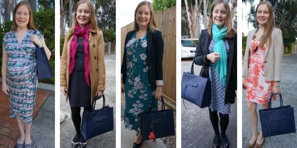 5 ways to wear a navy rebecca minkoff mab tote bag with printed dresses | awayfromblue