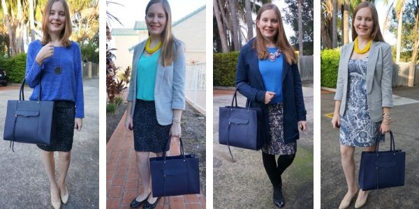 4 outfit ideas monochromatic blue outfits with navy MAB tote bag | awayfromblue