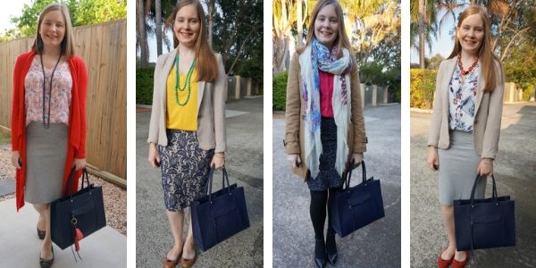 4 outfit ideas with a large navy tote bag and pencil skirt for the office | away from the blue