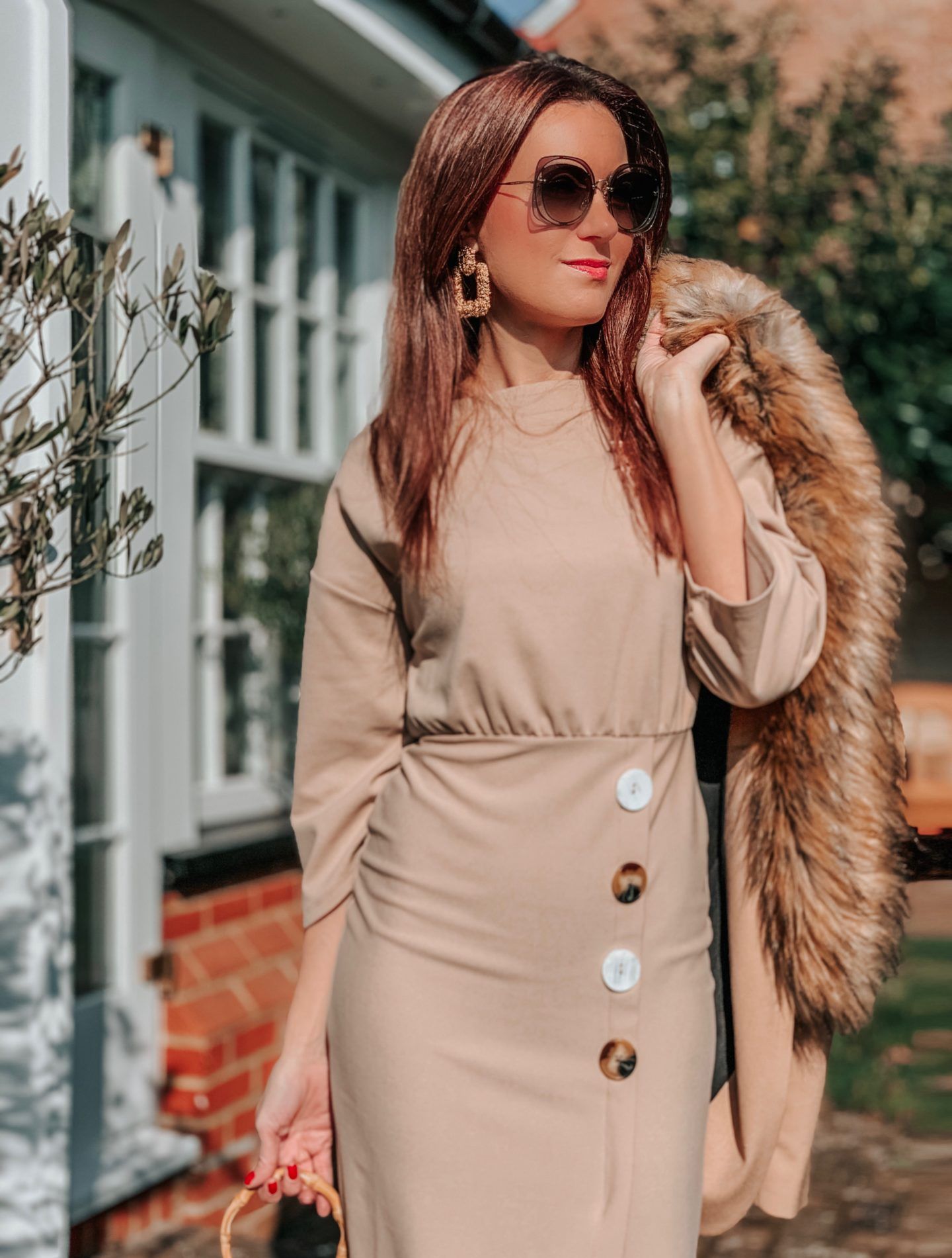 ASOS DESIGN batwing shell button pencil dress | Liars & Lovers cream mock croc bamboo handle cross body bag | Carvela Pointed Asymmetric Strap Heels | MIU MIU Scenique cut-out eyewear | Zara TEXTURED GEOMETRIC EARRINGS | Elegant Duchess Boutique Brooch