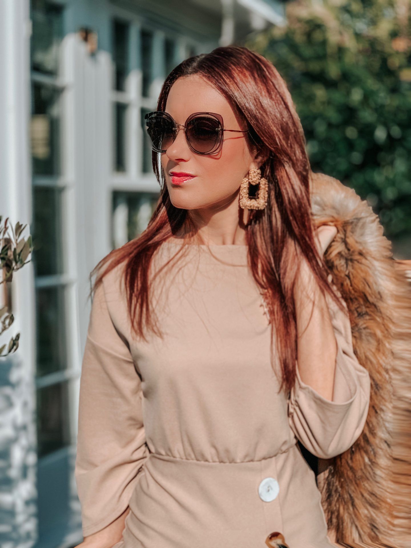 ASOS DESIGN batwing shell button pencil dress | Liars & Lovers cream mock croc bamboo handle cross body bag | Carvela Pointed Asymmetric Strap Heels | MIU MIU Scenique cut-out eyewear | Zara TEXTURED GEOMETRIC EARRINGS | Elegant Duchess Boutique Brooch