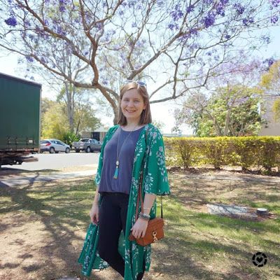 awayfromtheblue Instagram | jeanswest delilah green floral duster kimono with grey tee black skinny jeans spring church outfit