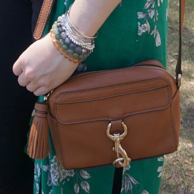 Rebecca Minkoff MAB Camera Bag in almond with bracelet stack green floral kimono | awayfromtheblue