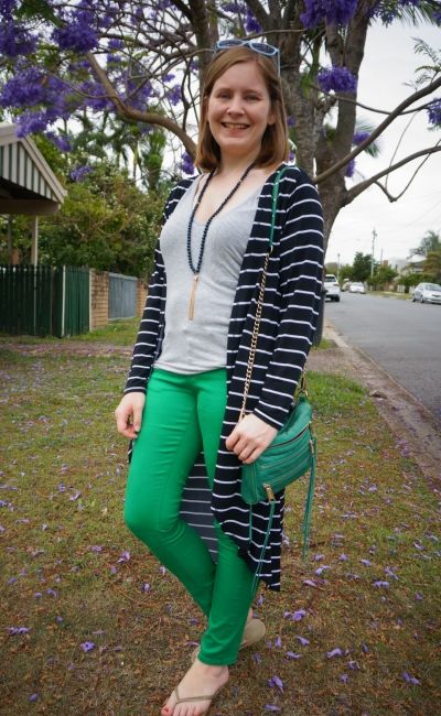 striped duster with green skinny jeans grey slouchy tee spring mum outfit | away from blue