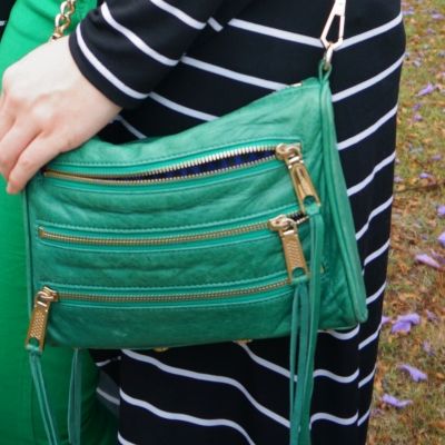 striped duster with Rebecca Minkoff emerald green mini 5-zip rocker bag | away from the blue