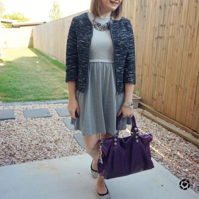 awayfromblue Instagram | grey skater dress in office boucle jacket monochrome outfit with purple balenciaga work bag