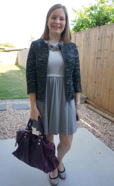 monochrome office outfit grey skater dress boucle jacket leopard print flats and purple balenciaga work bag | awayfromblue