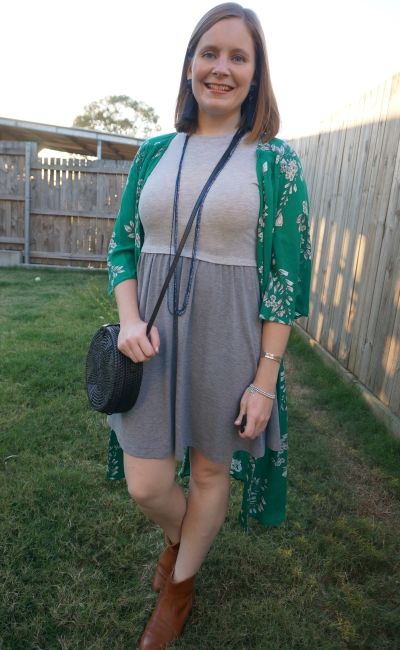 Jeanswest Delilah Long Line Kimono in Green Floral with gray skater dress dinner mum night out outfit with circle straw bag | away from blue